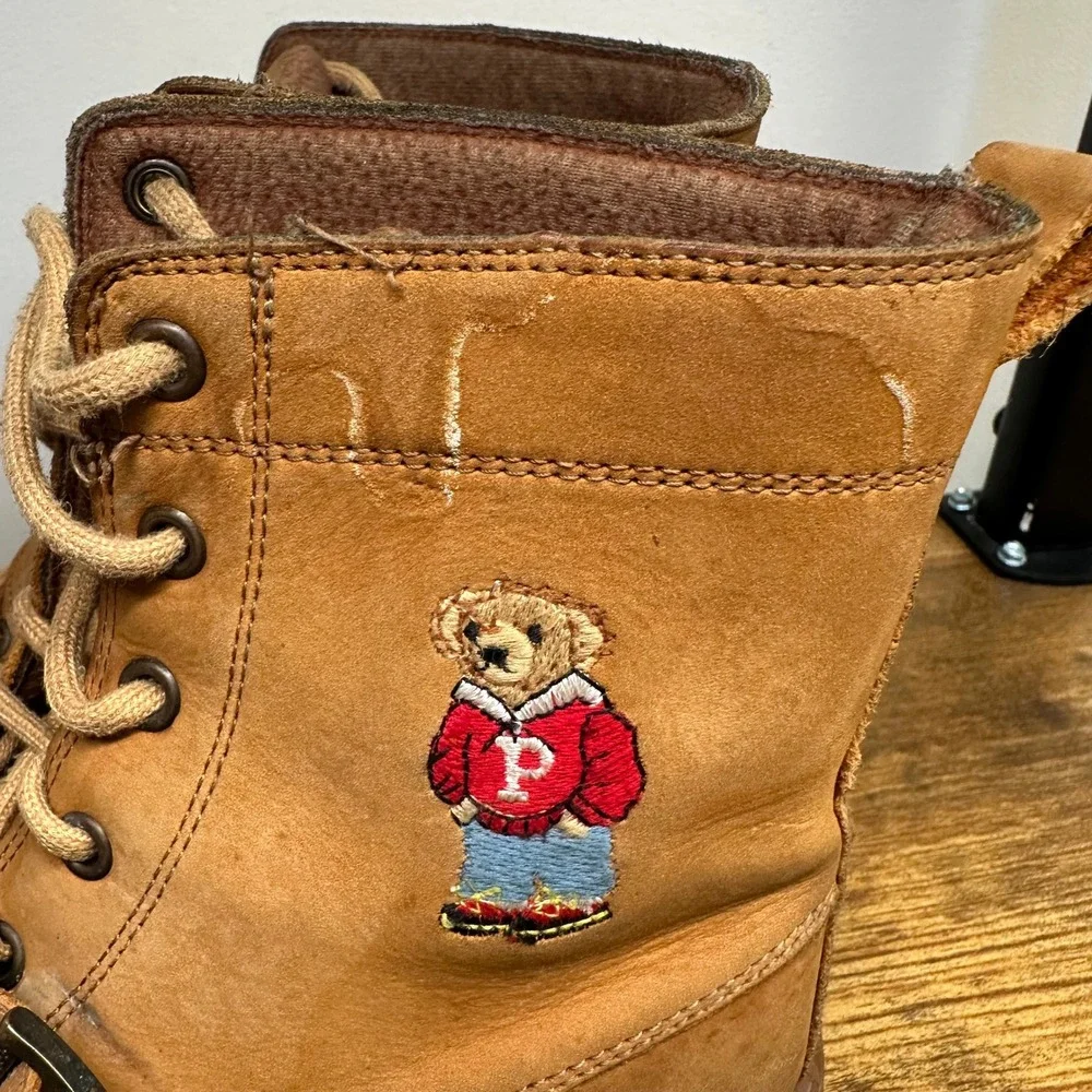 Polo Ralph Lauren Ranger Boots Tan Leather Polo Bear Moc Toe Buckle - Picture 6 of 13